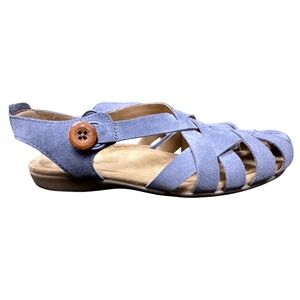 Earth 10W Wide Belita Periwinkle Blue Grey Suede Woven Boho Beach Sandals NWOB
